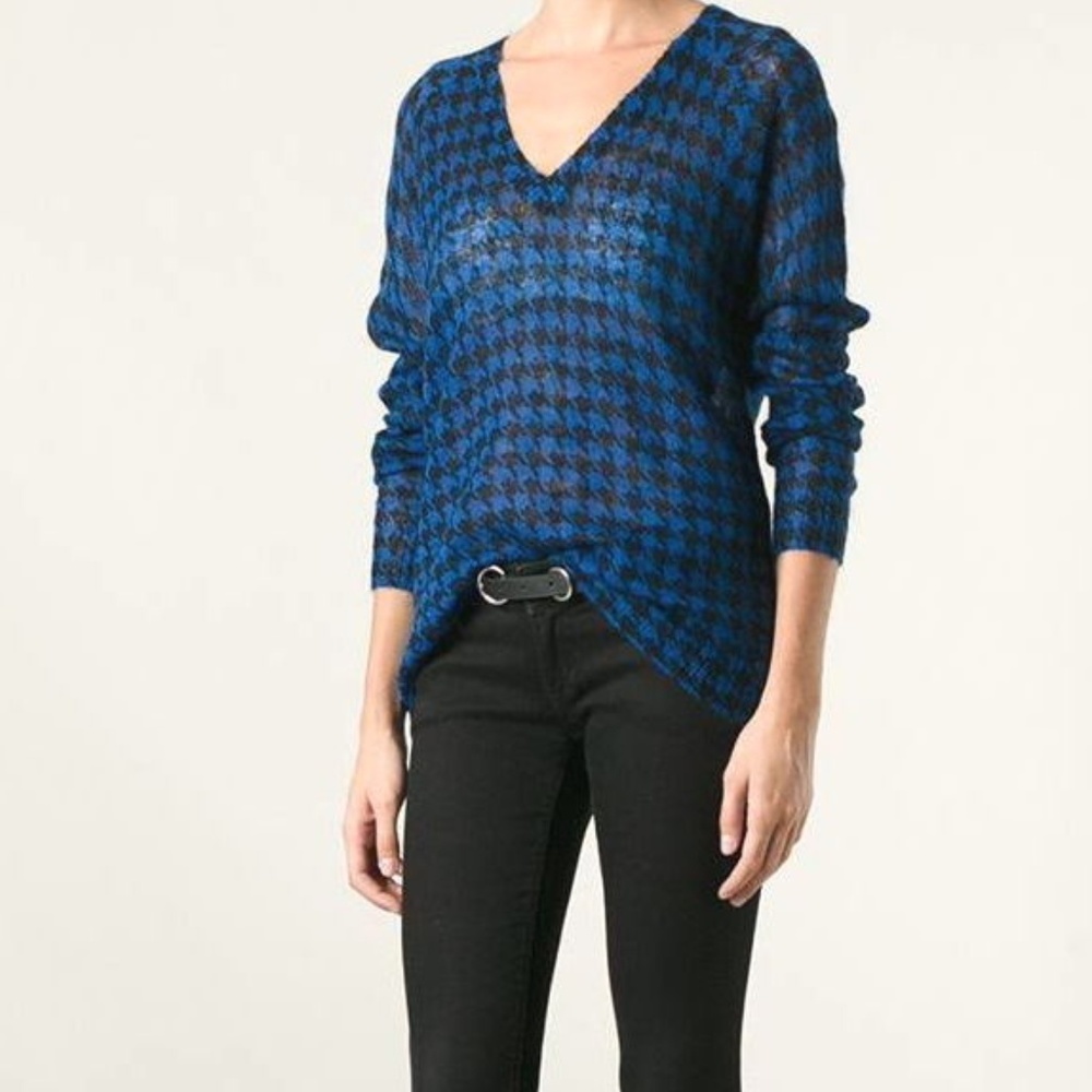 MICHAEL KORS Amalfi Blue & Black Hounds Tooth Print Mohair V-Neck Sweater